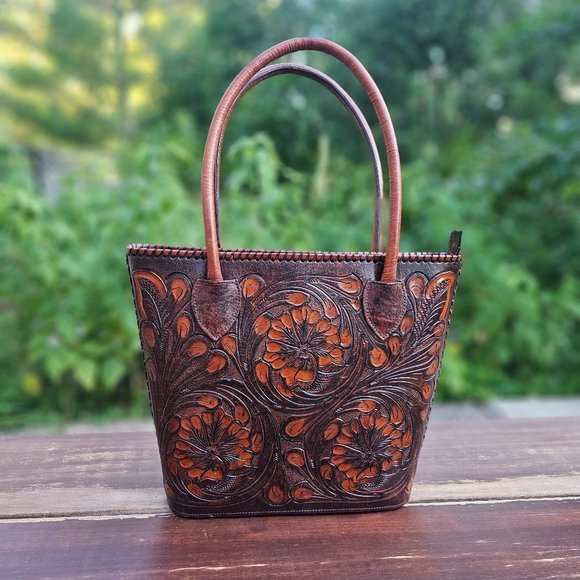 Unbranded Handbags - Hand Tooled Tote, Women's Tote, Brown Structured Leather Bag, Shoulder Bag
